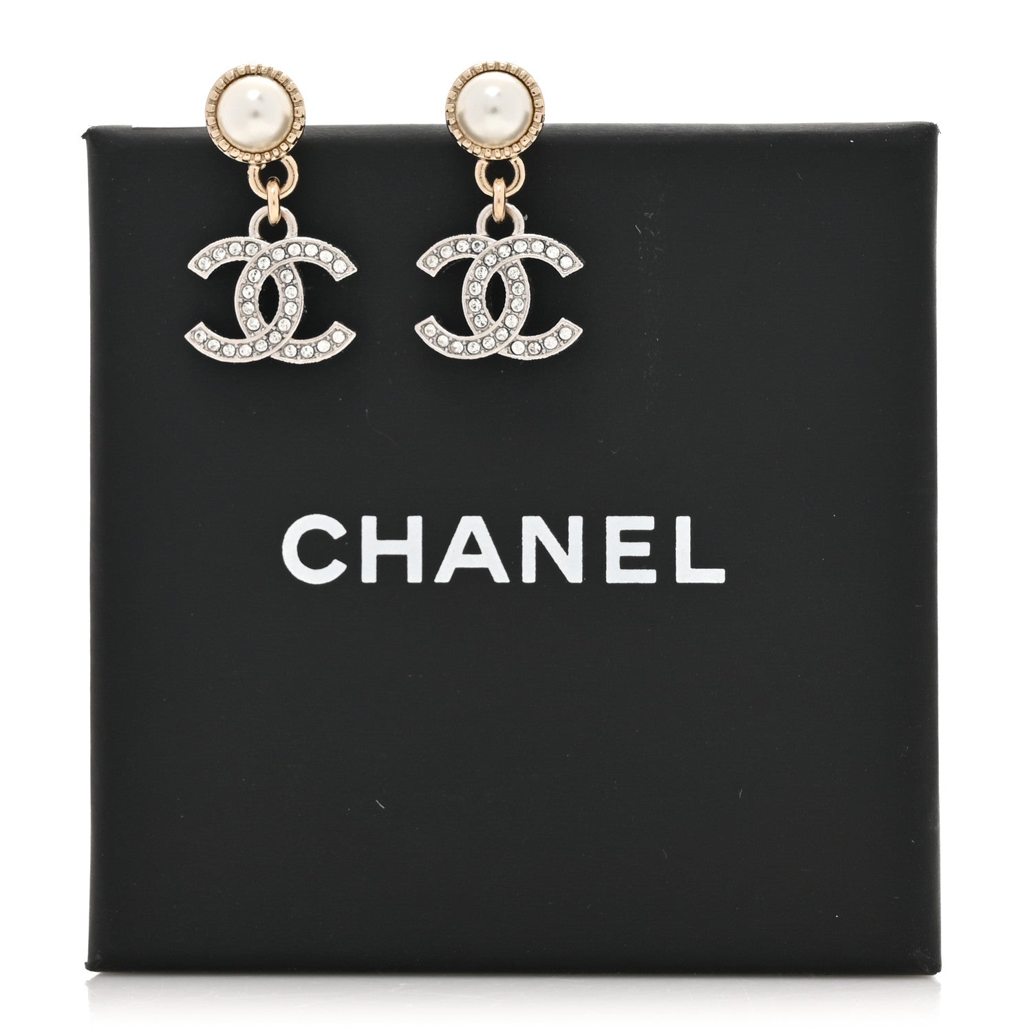 Chanel Crystal Pearl CC Drop Earrings Silver Pearly White 5 of 5