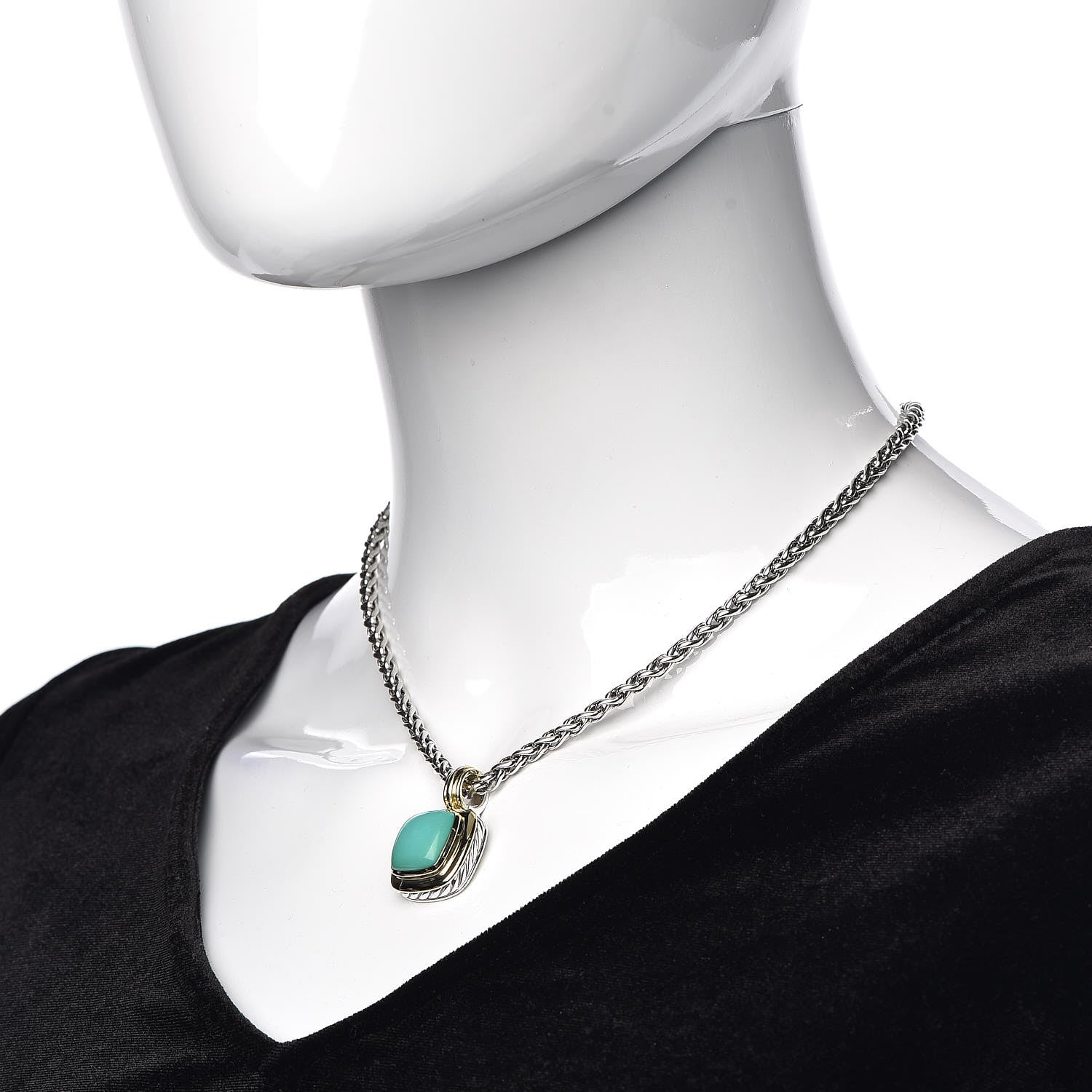 David Yurman Sterling Silver 18K Yellow Gold Turquoise 14mm Albion Wheat Chain Pendant Necklace 2 of 5