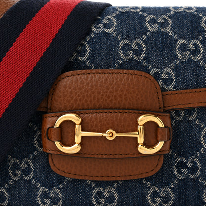 Gucci New Denim GG Monogram Dollar Calfskin Web Mini Horsebit 1955 Shoulder Bag Blue Tea Cuir Epilog 8 of 10