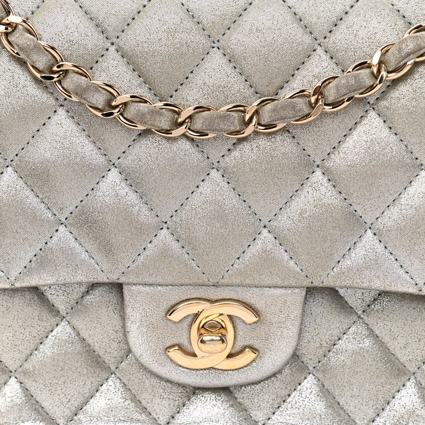 Iridescent Calfskin Medium Double Flap Silver