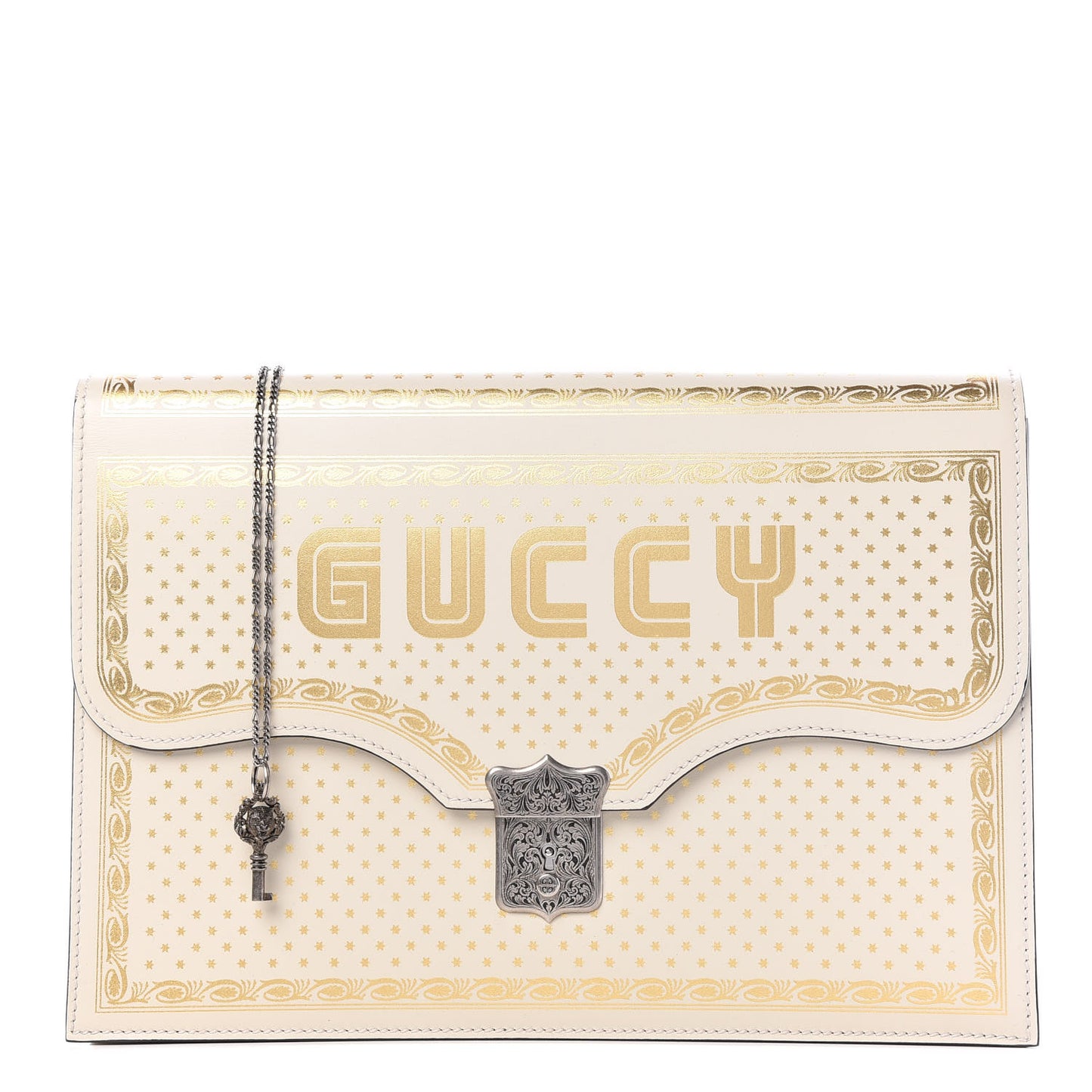X SEGA Calfskin GUCCY Stars Portfolio Bag Mystic White Gold
