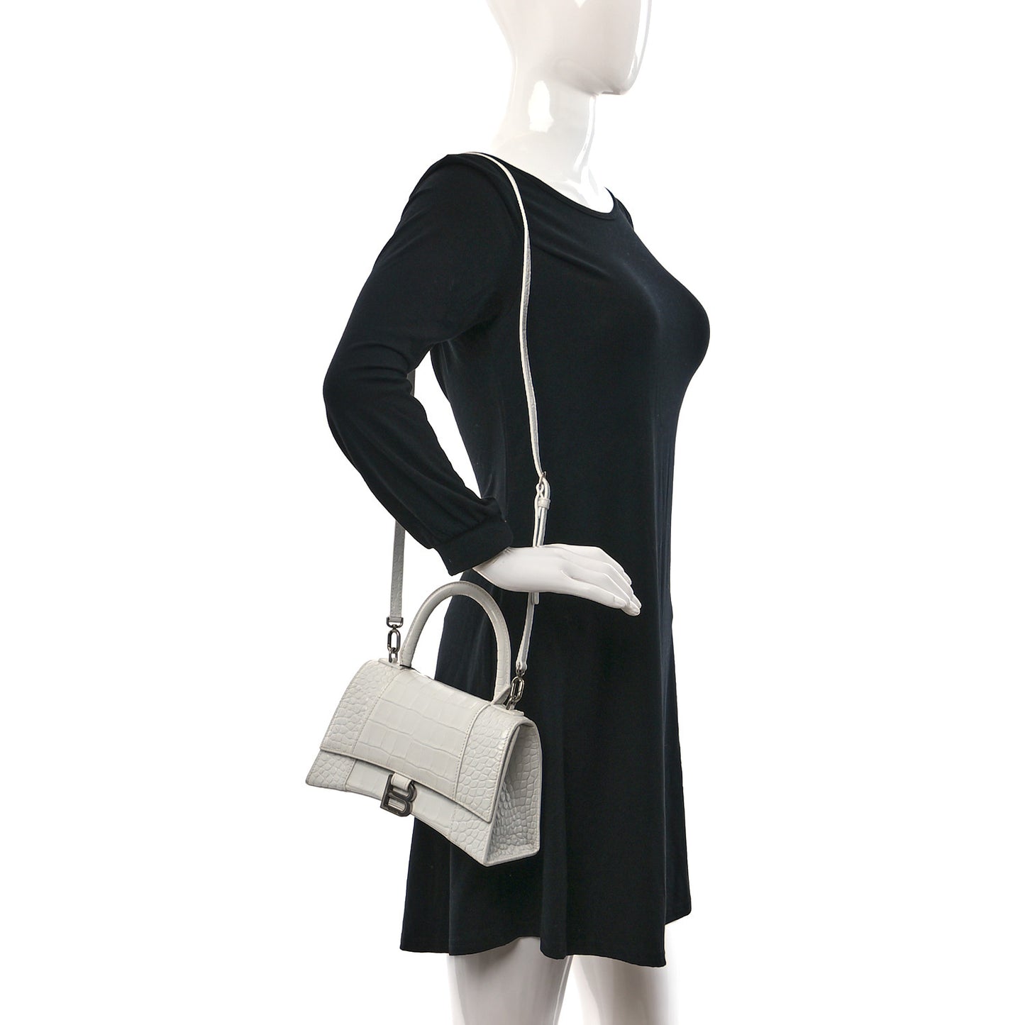Calfskin Crocodile Embossed Small Hourglass Top Handle Bag White