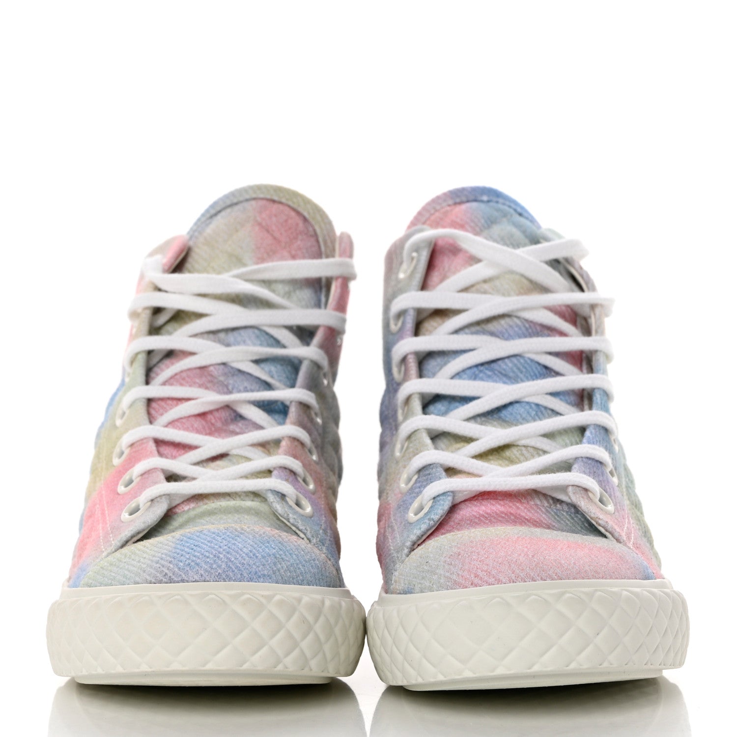 Chanel Printed Fabric Quilted High Top Sneakers 38 Green Pink Blue 2 of 9