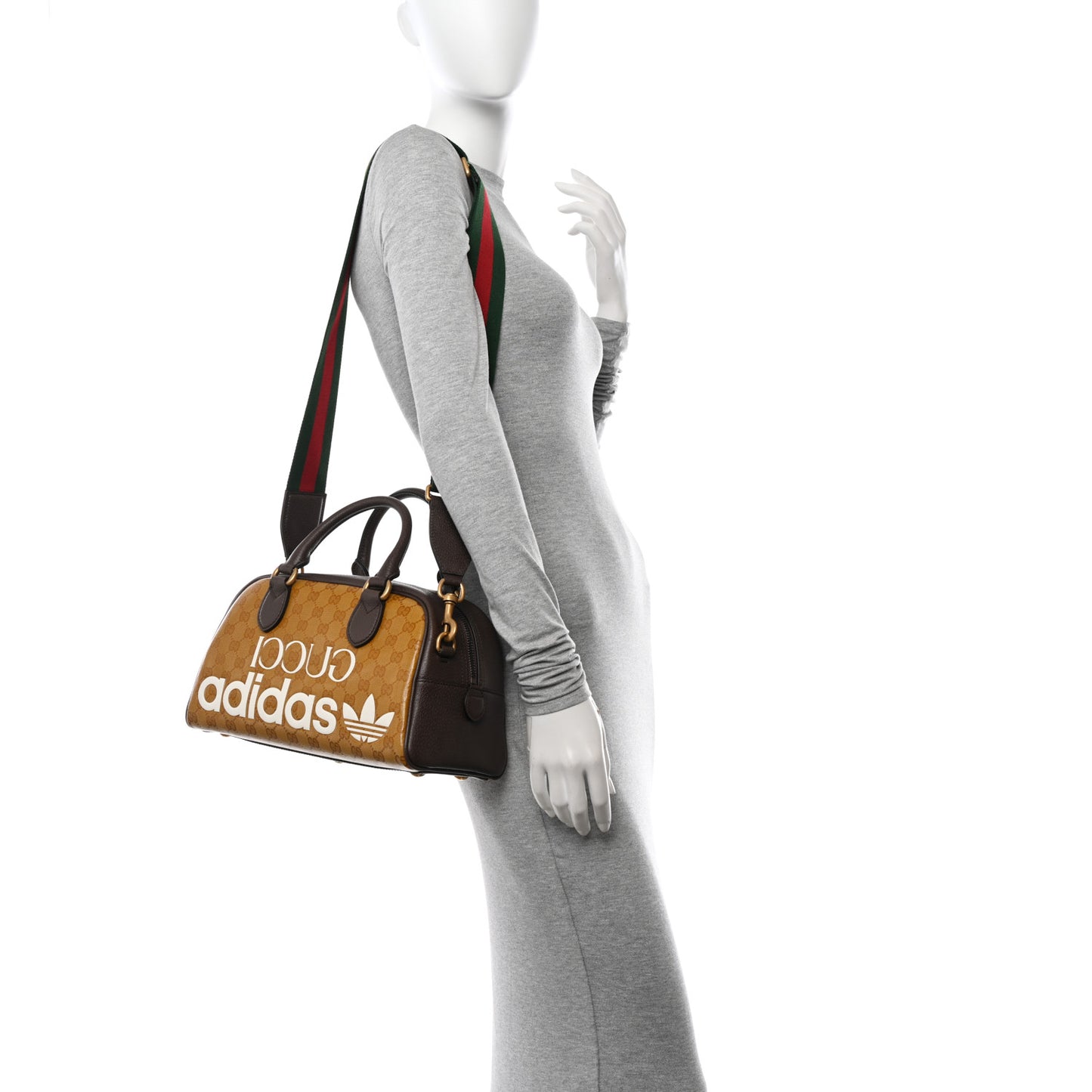 X ADIDAS Crystal Vintage Monogram Textured Dollar Calfskin Web Trefoil Logo Mini Bowling Bag Mid Natural Nut Off White New Acero