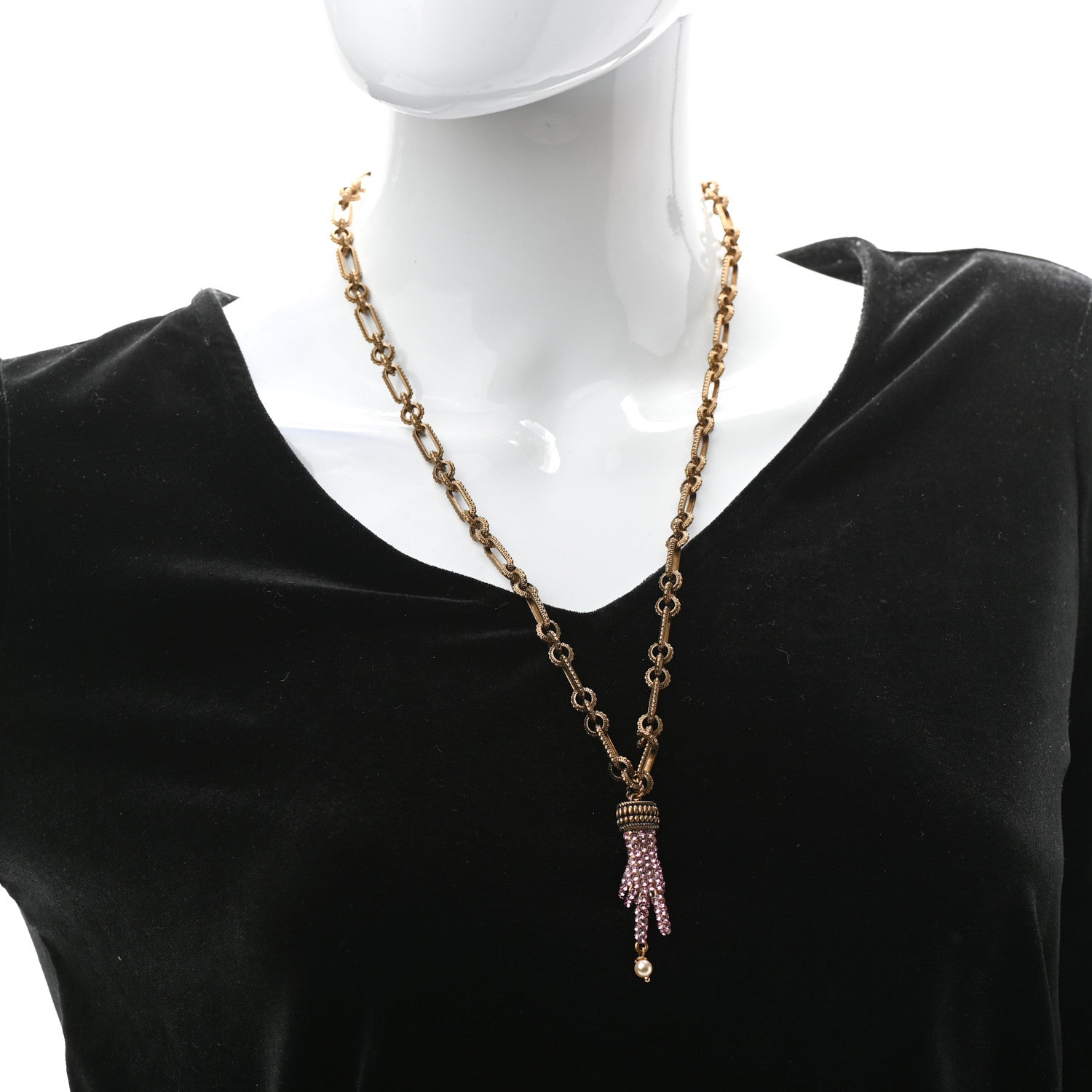 Gucci Crystal Hand Pendant Necklace Pink Aged Gold 2 of 5