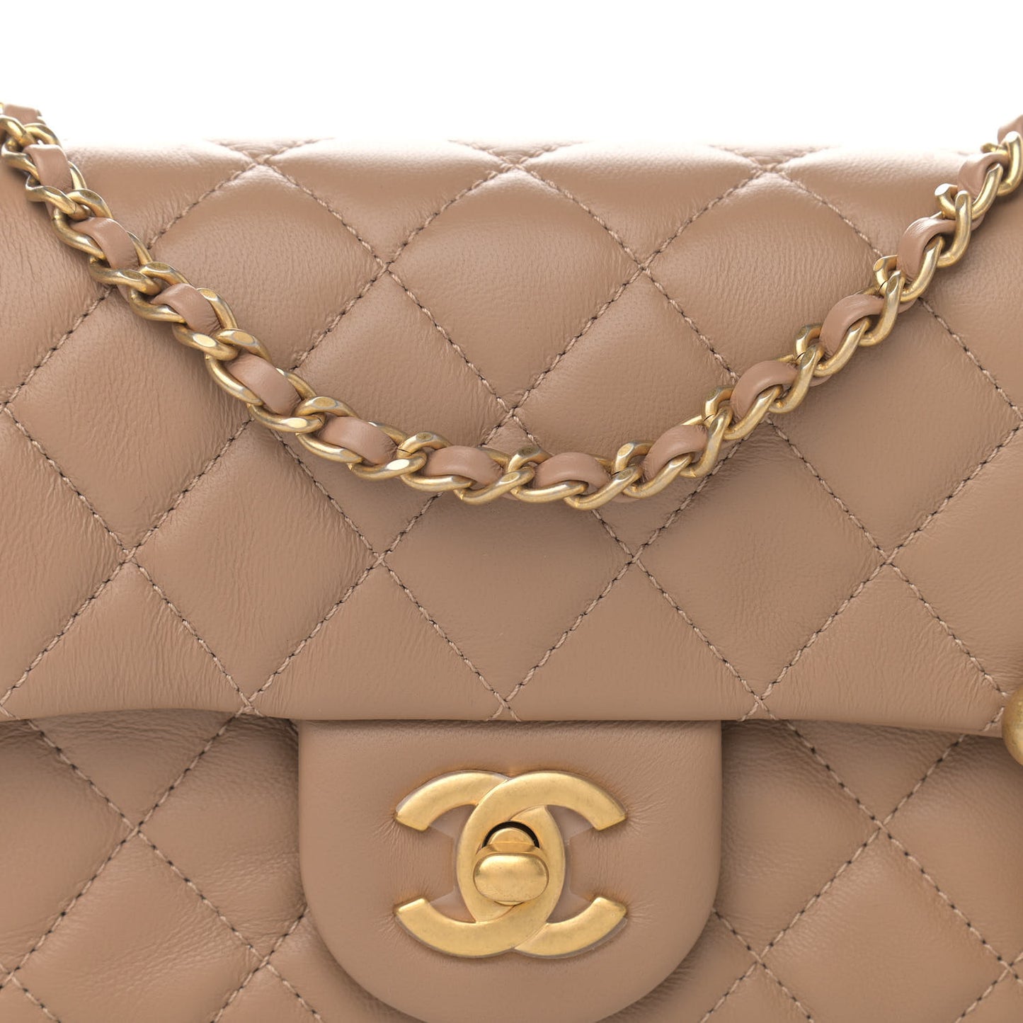Lambskin Quilted Mini Rectangular Pearl Crush Flap Dark Beige