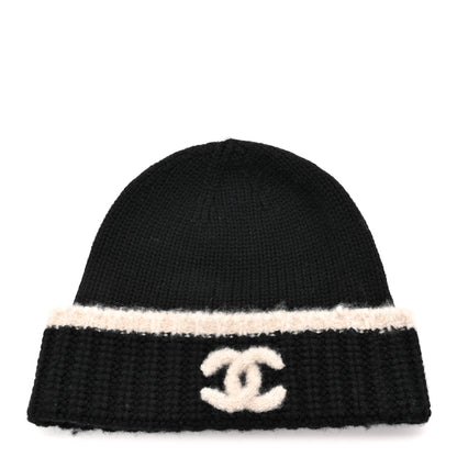 Chanel Cashmere Wool Silk CC Beanie Hat Black Light Beige 1 of 5