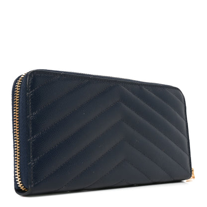 Saint Laurent Grain De Poudre Matelasse Chevron Monogram Zip Around Wallet Deep Marine 3 of 7