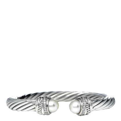 David Yurman Sterling Silver Diamond Pearl 7mm Crossover Bracelet 1 of 4