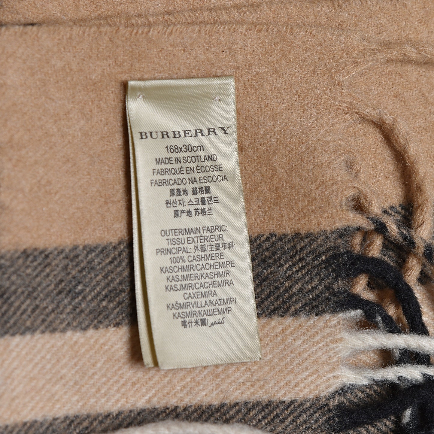Cashmere Giant Heritage Check Fringe Scarf Camel