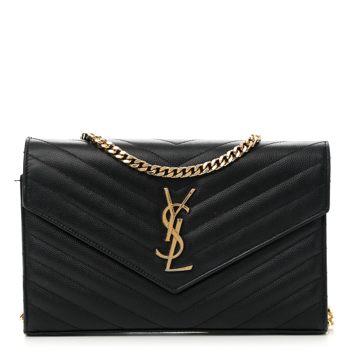 Saint Laurent Grain De Poudre Matelasse Chevron Monogram Chain Wallet Black 1 of 11