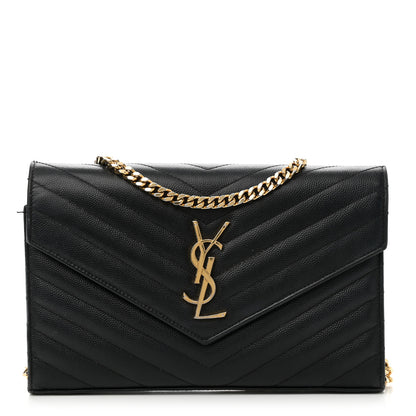 Saint Laurent Grain De Poudre Matelasse Chevron Monogram Chain Wallet Black 1 of 11