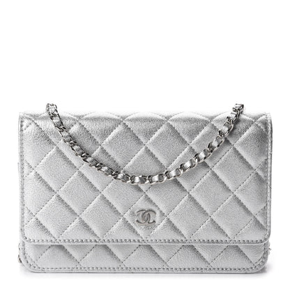 Chanel Metallic Lambskin Quilted Wallet On Chain WOC Silver 1 of 12