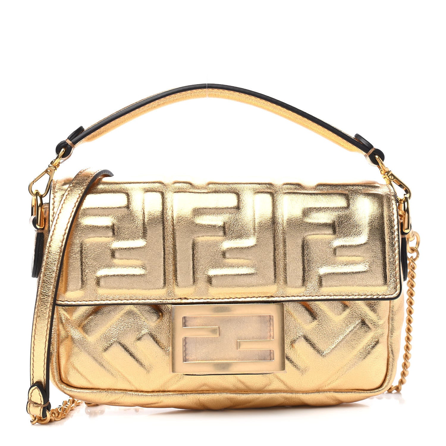 Fendi Vitello Catalan Mirror FF 1974 Embossed Mini Baguette Gold 1 of 9