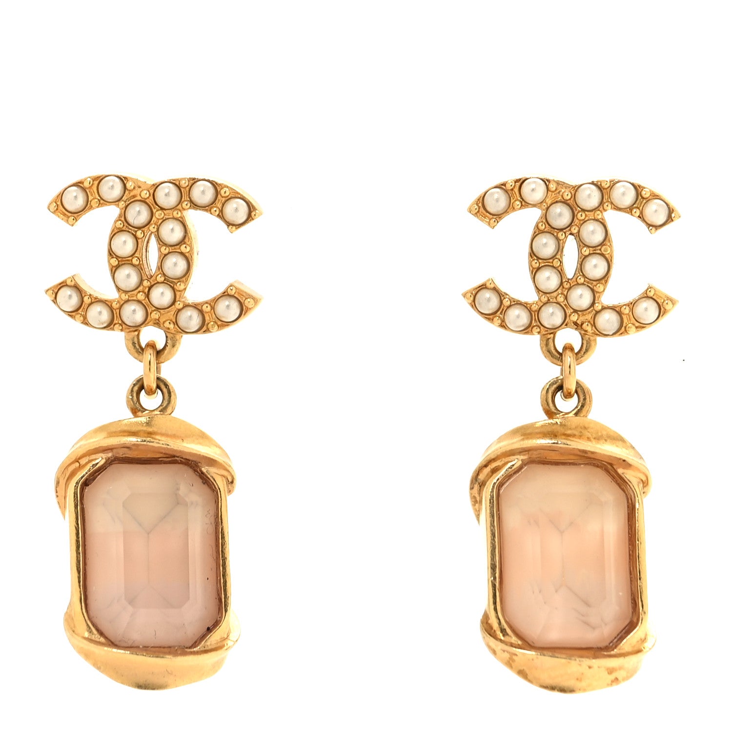Chanel Metal Crystal Pearl CC Drop Earrings i Gold Pink 1 of 5