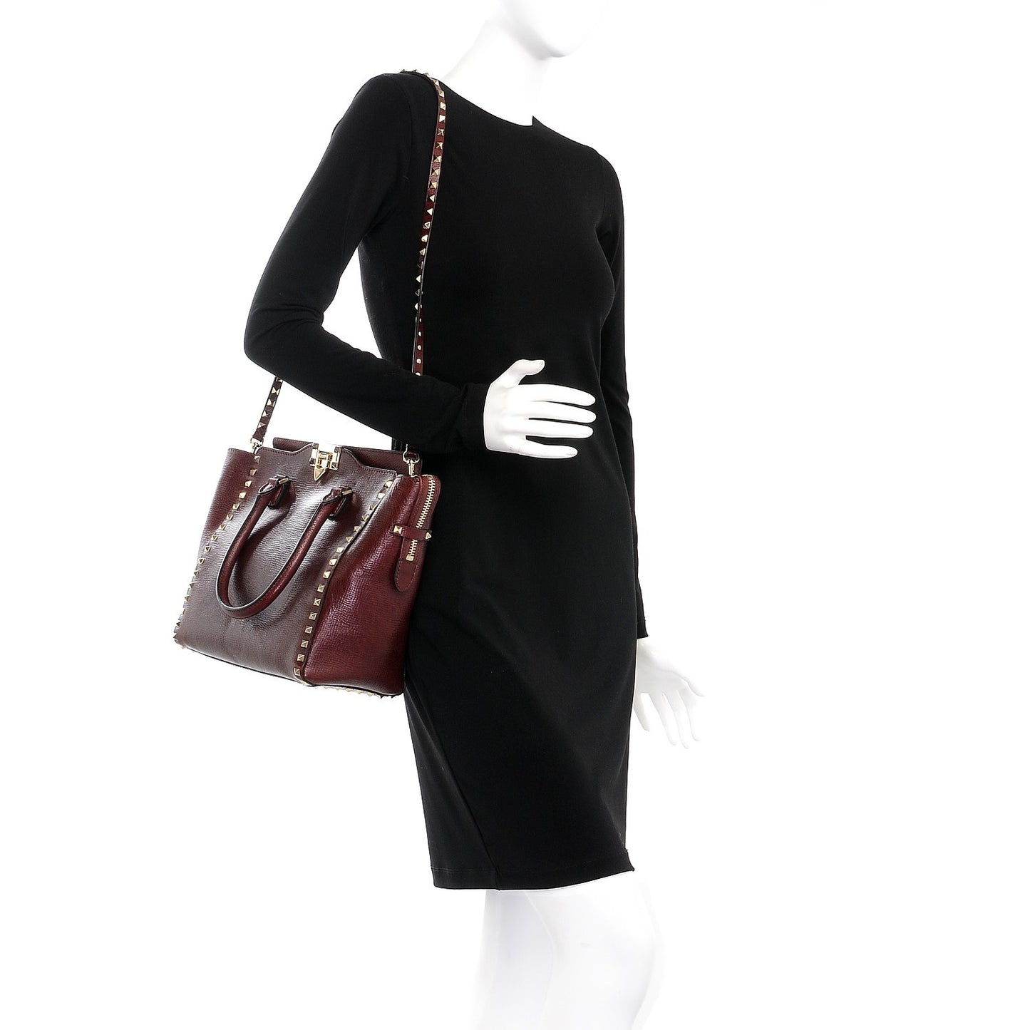 Textured Calfskin Rockstud Double Handle Tote Wine