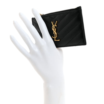 Saint Laurent Grain De Poudre Matelasse Chevron Monogram Fragments Zippered Card Case Black 2 of 8