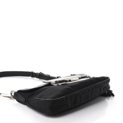 Prada Tessuto Nylon Calfskin Crocodile Embossed Shoulder Bag Black 4 of 12