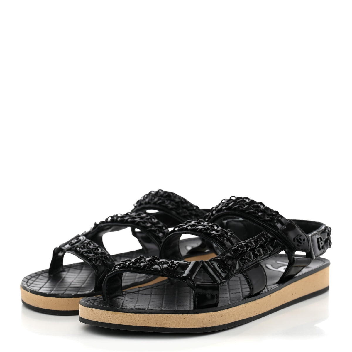Laminated Goatskin Chain Sandals 38 Black