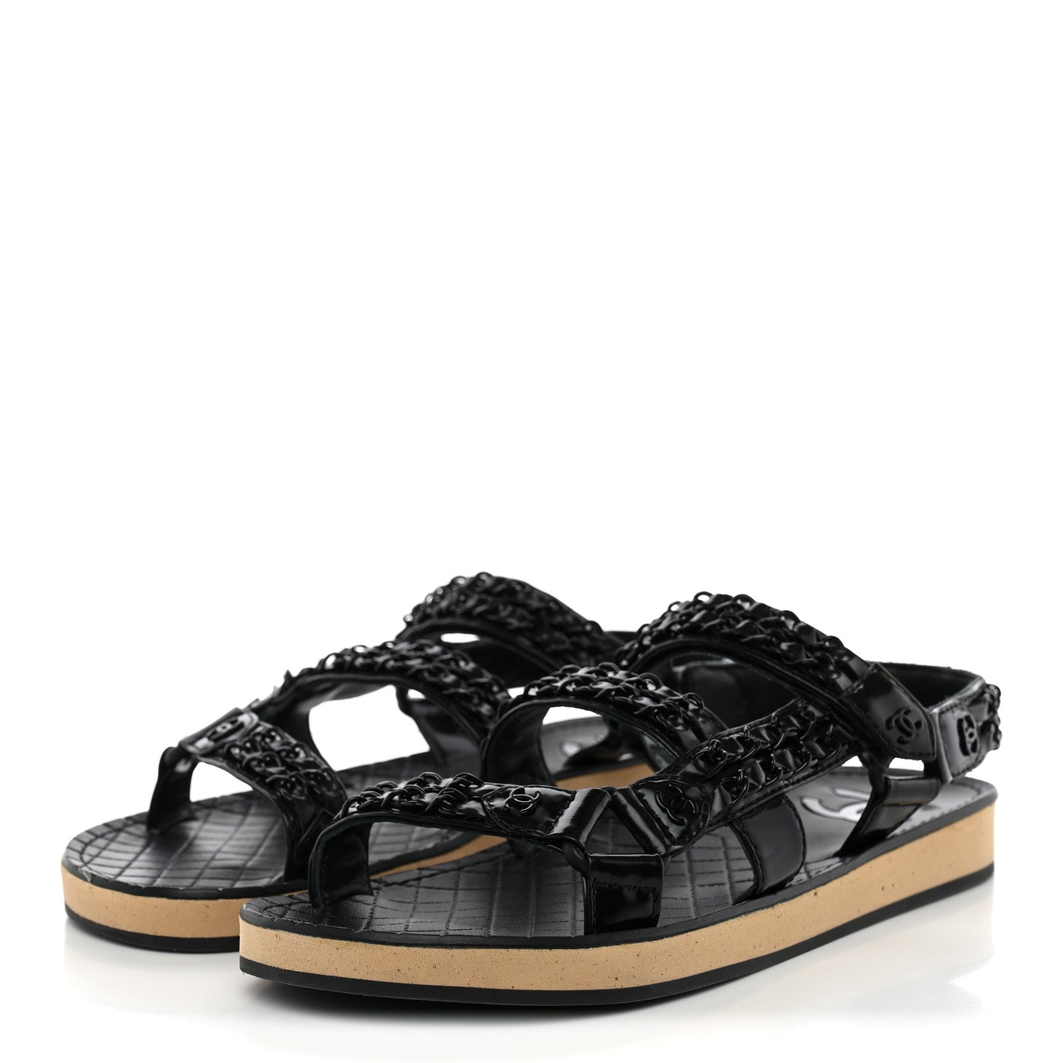 Chanel Laminated Goatskin Chain Sandals 38 Black 2 of 8