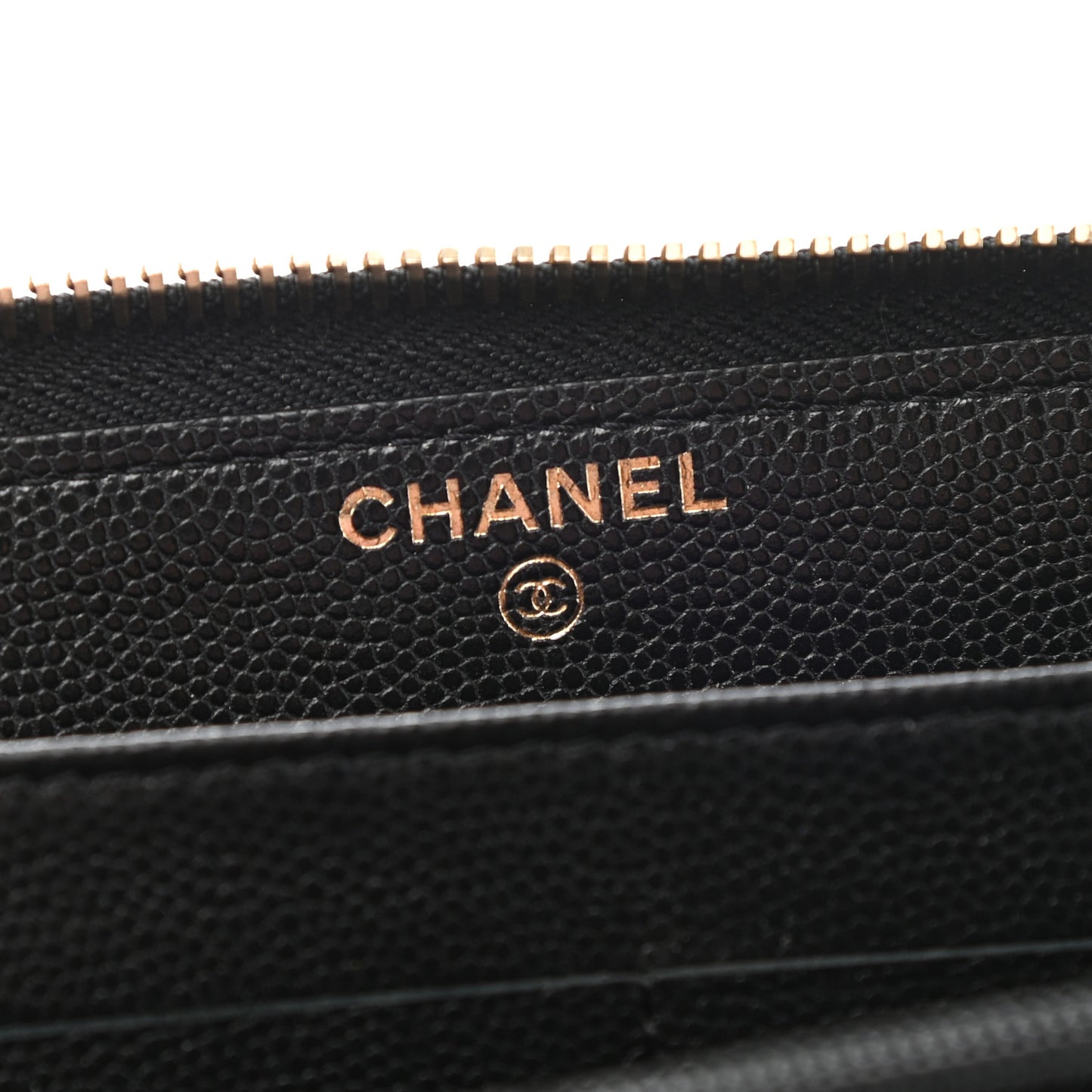 Caviar Camellia Embossed Large Zip Around Gusset Wallet Black