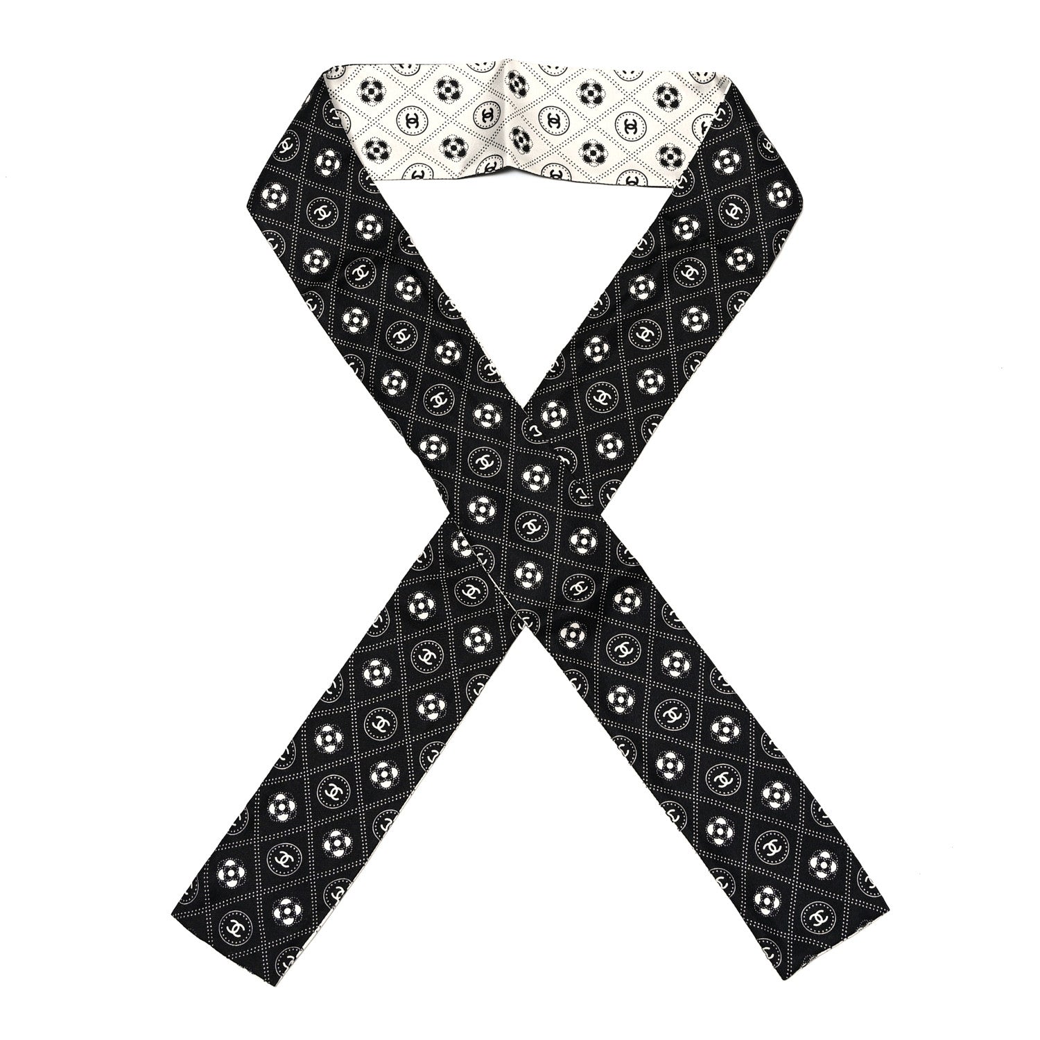 Chanel Silk CC Polka Dot Slim Bandeau Scarf Black Ecru 1 of 3