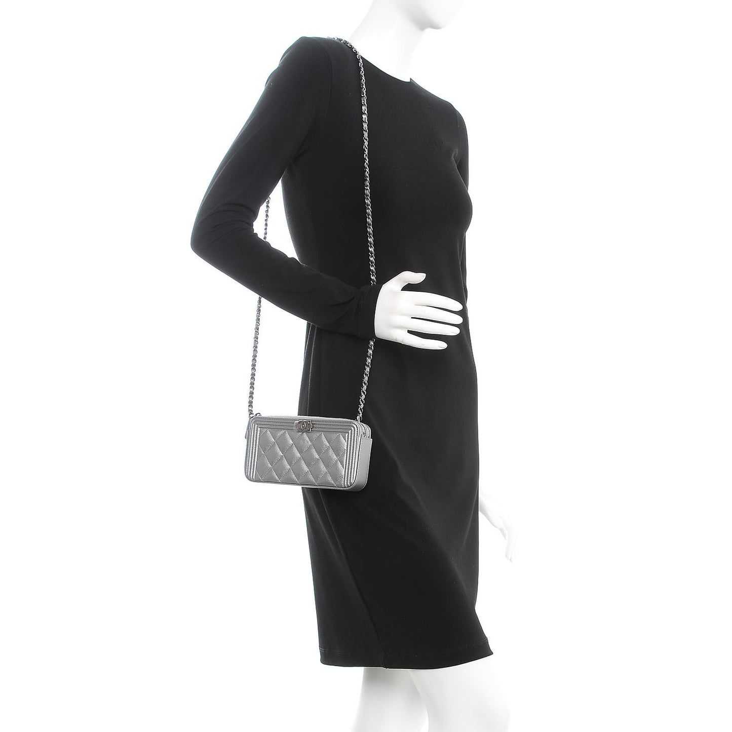 Metallic Caviar Quilted Small Boy Clutch With Chain Silver