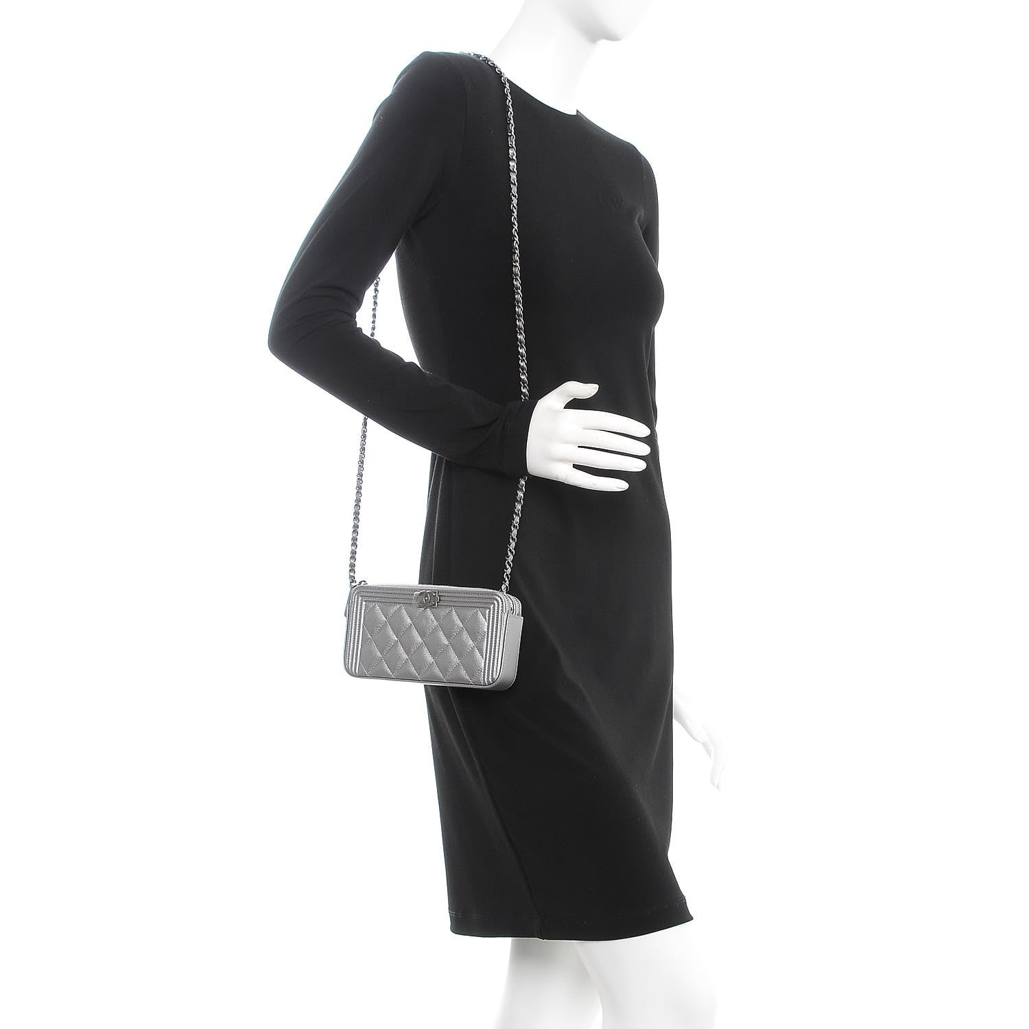 Chanel Metallic Caviar Quilted Small Boy Clutch With Chain Silver 2 of 9