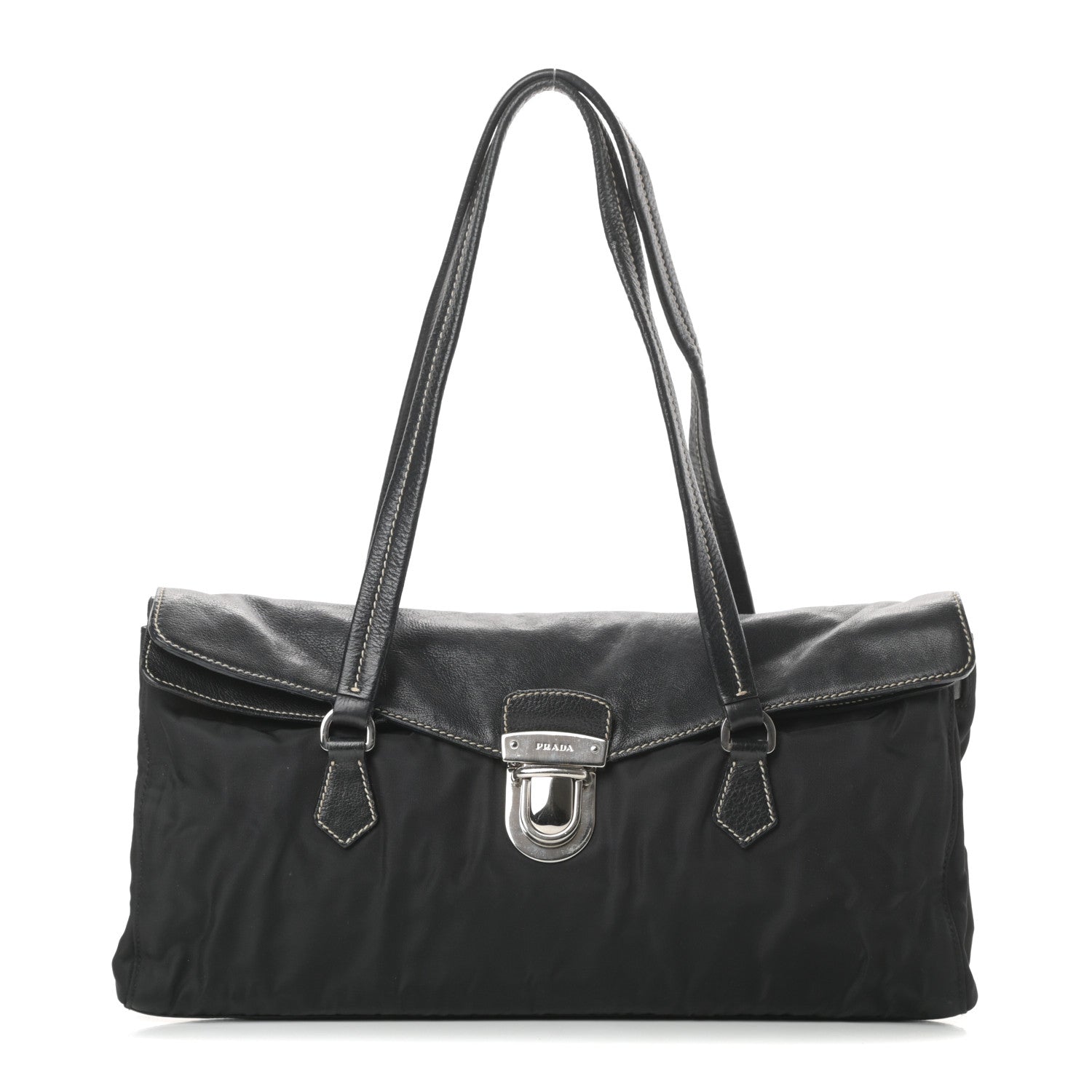 Prada Tessuto Nylon Vitello Foldover Pushlock Satchel Black 1 of 13