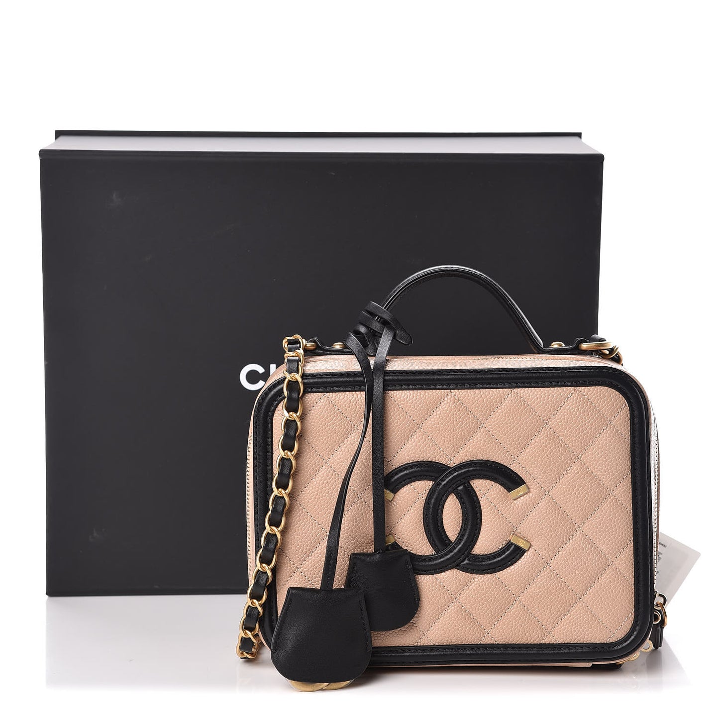 Caviar Quilted Medium CC Filigree Vanity Case Beige Black