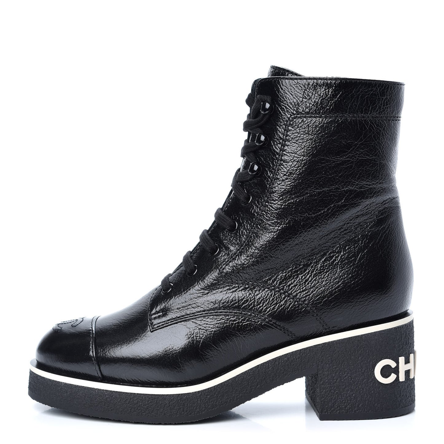 Shiny Crumpled Lambskin Lace Up Boots 39 Black