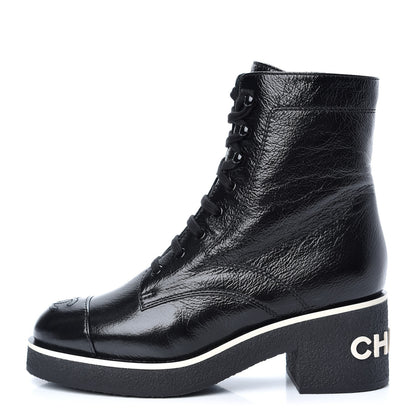 Chanel Shiny Crumpled Lambskin Lace Up Boots 39 Black 1 of 11