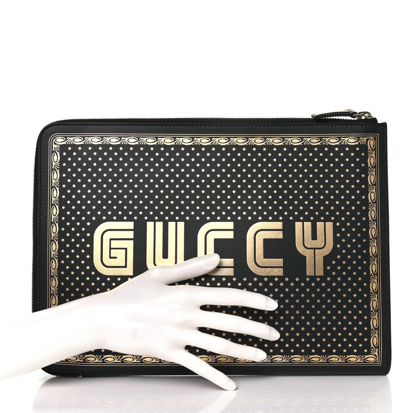 X SEGA Calfskin GUCCY Stars Zip Clutch Bag Black Gold