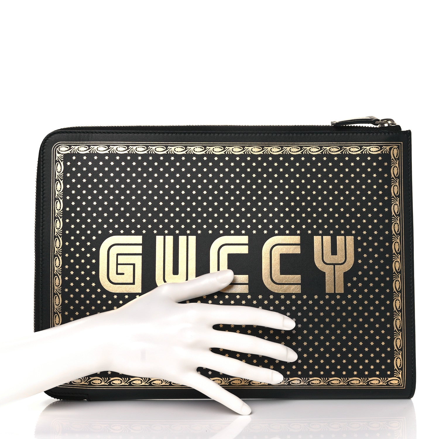 Gucci X SEGA Calfskin GUCCY Stars Zip Clutch Bag Black Gold 2 of 10