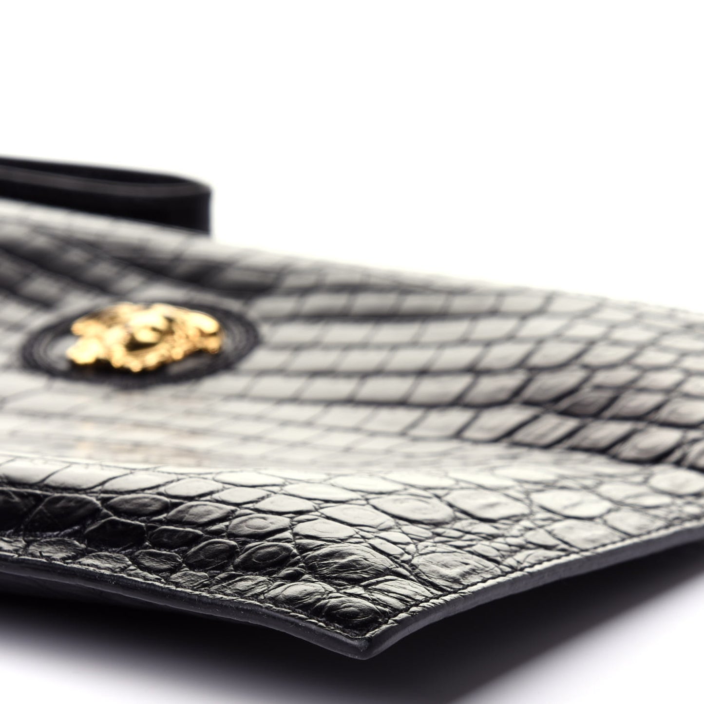 Crocodile Embossed Calfskin Medusa Wristlet Black