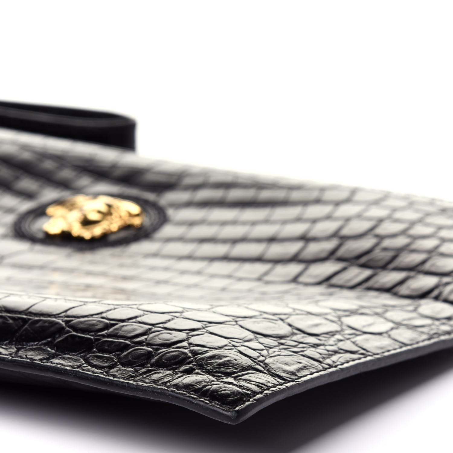 Versace Crocodile Embossed Calfskin Medusa Wristlet Black 7 of 11
