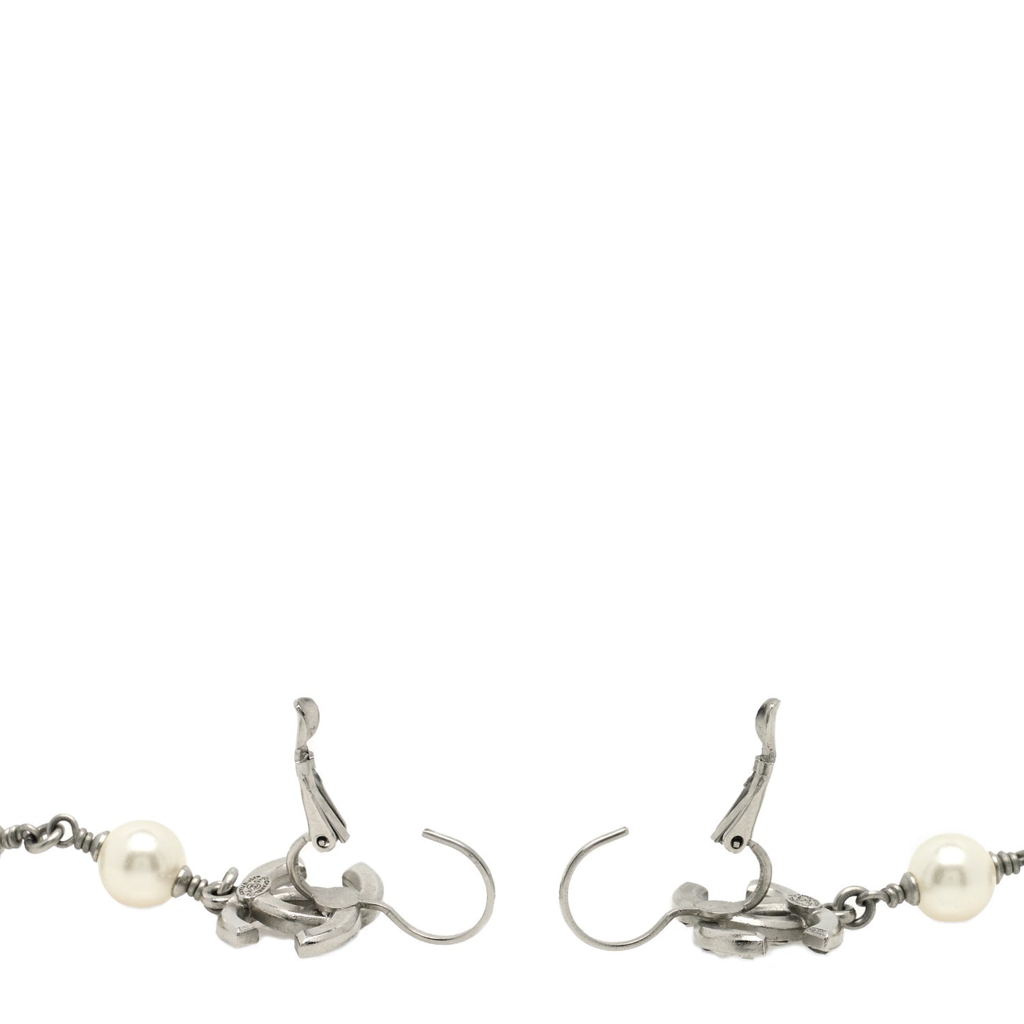 Crystal Pearl CC Long Drop Earrings Silver Black