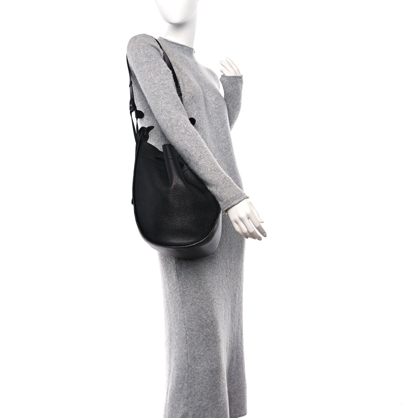 Grained Calfskin Drawstring Bucket Bag Black