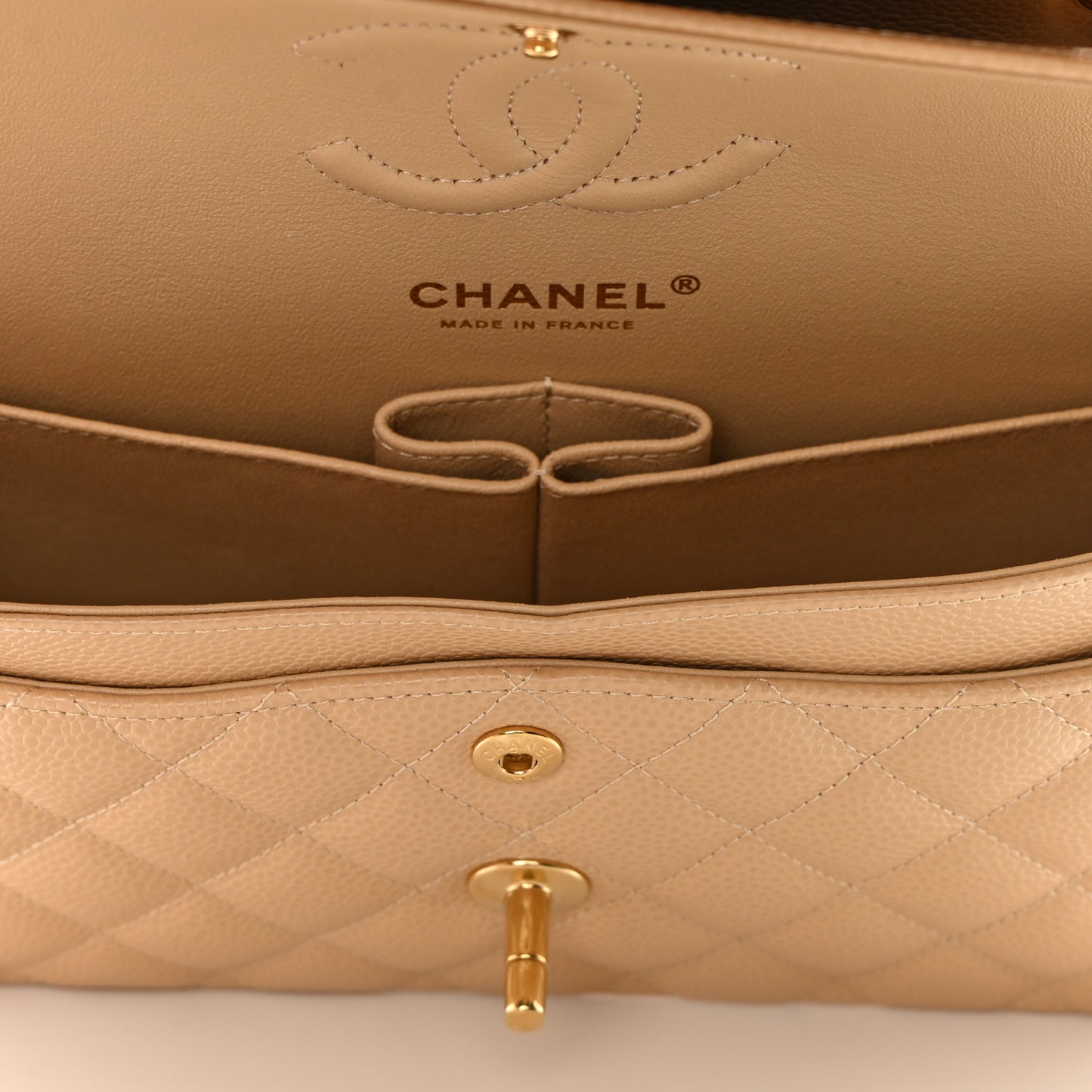 Caviar Quilted Small Double Flap Beige