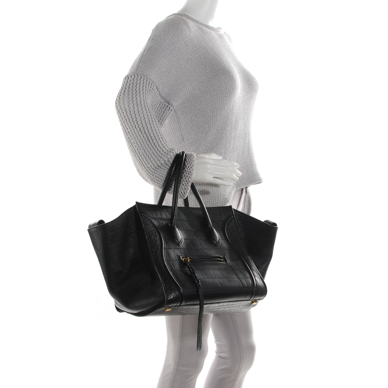 Celine Crocodile Embossed Calfskin Medium Phantom Luggage Black 2 of 9