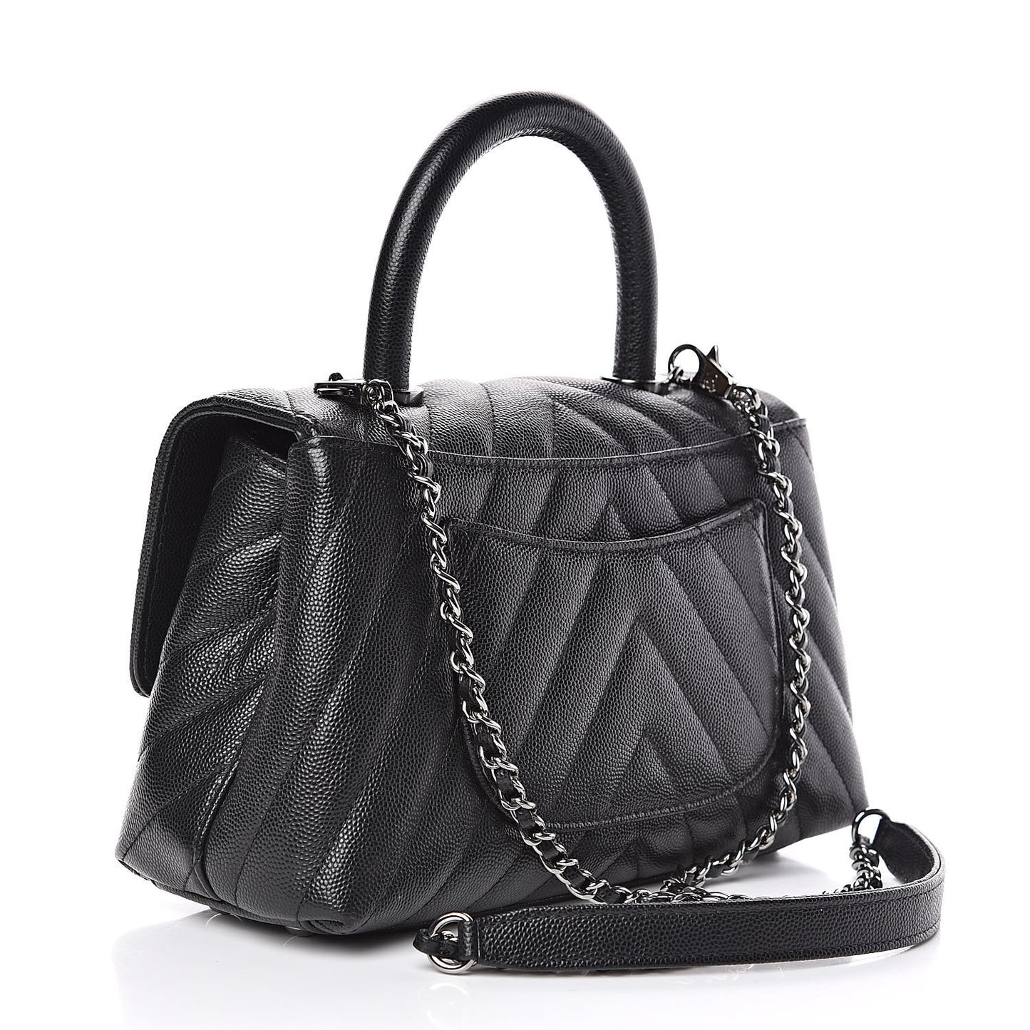 Caviar Chevron Quilted Mini Coco Handle Flap Black