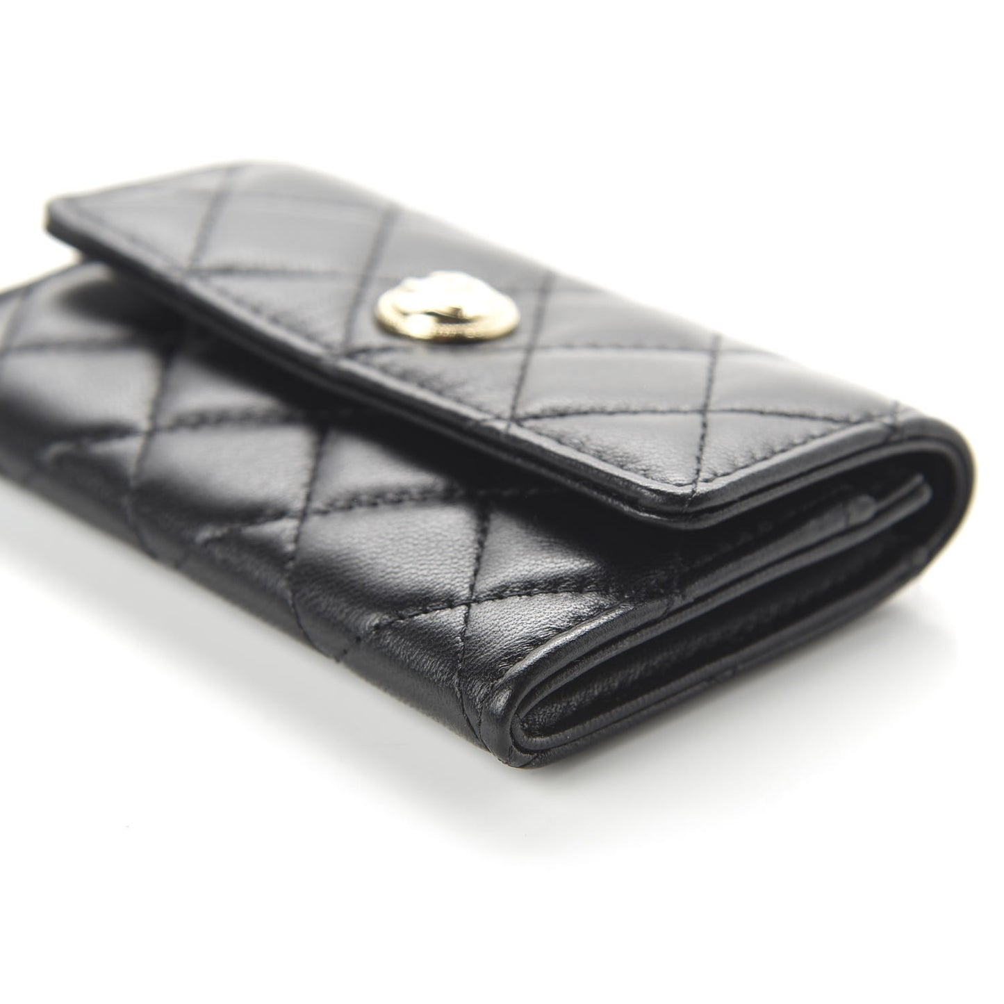 Lambskin Quilted CC Button Flap Card Holder Black