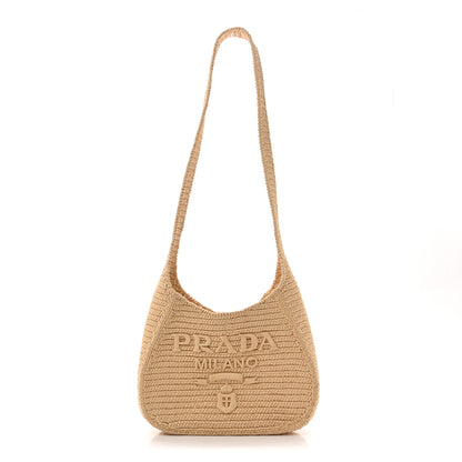 Prada Yarn Raffia Effect Crochet Embroidered Logo Hobo Naturale 1 of 13