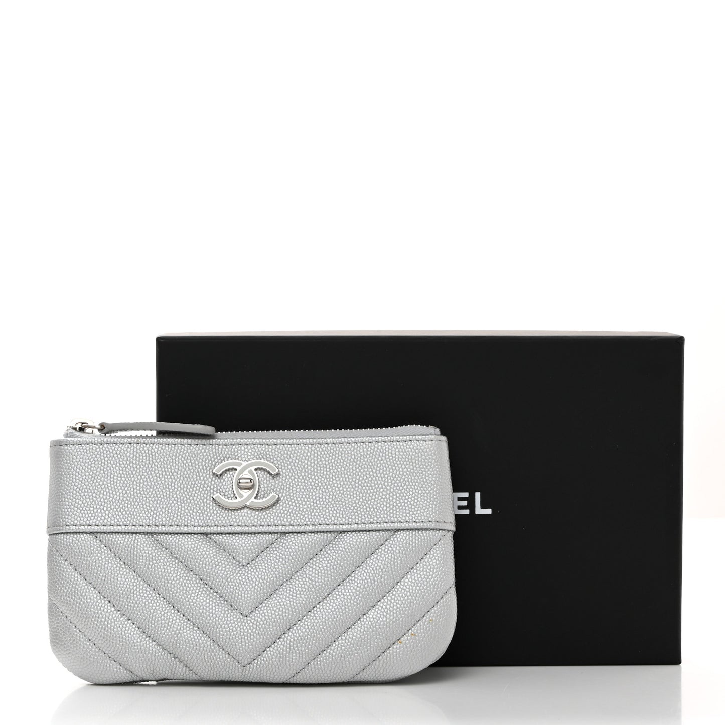 Metallic Caviar Chevron Quilted Small Vintage Mademoiselle Cosmetic Case Silver