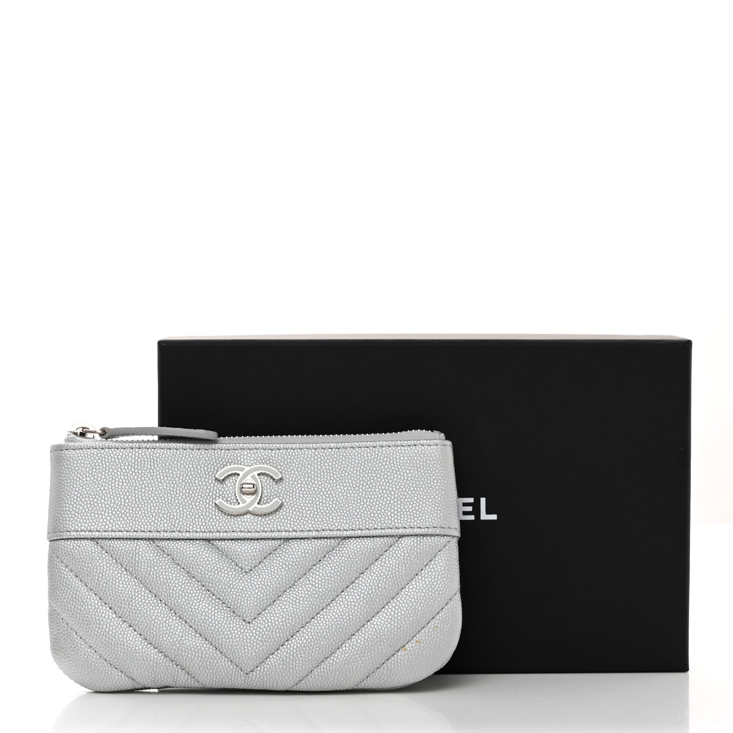 Chanel Metallic Caviar Chevron Quilted Small Vintage Mademoiselle Cosmetic Case Silver 9 of 9