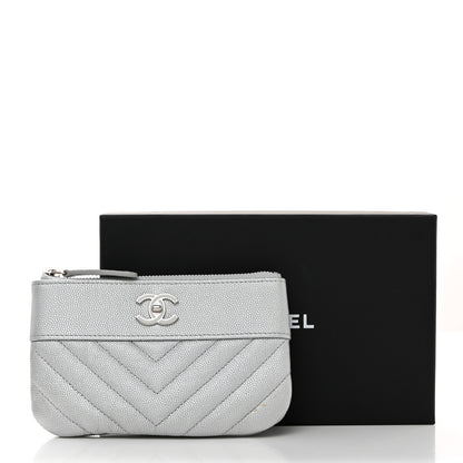 Chanel Metallic Caviar Chevron Quilted Small Vintage Mademoiselle Cosmetic Case Silver 9 of 9