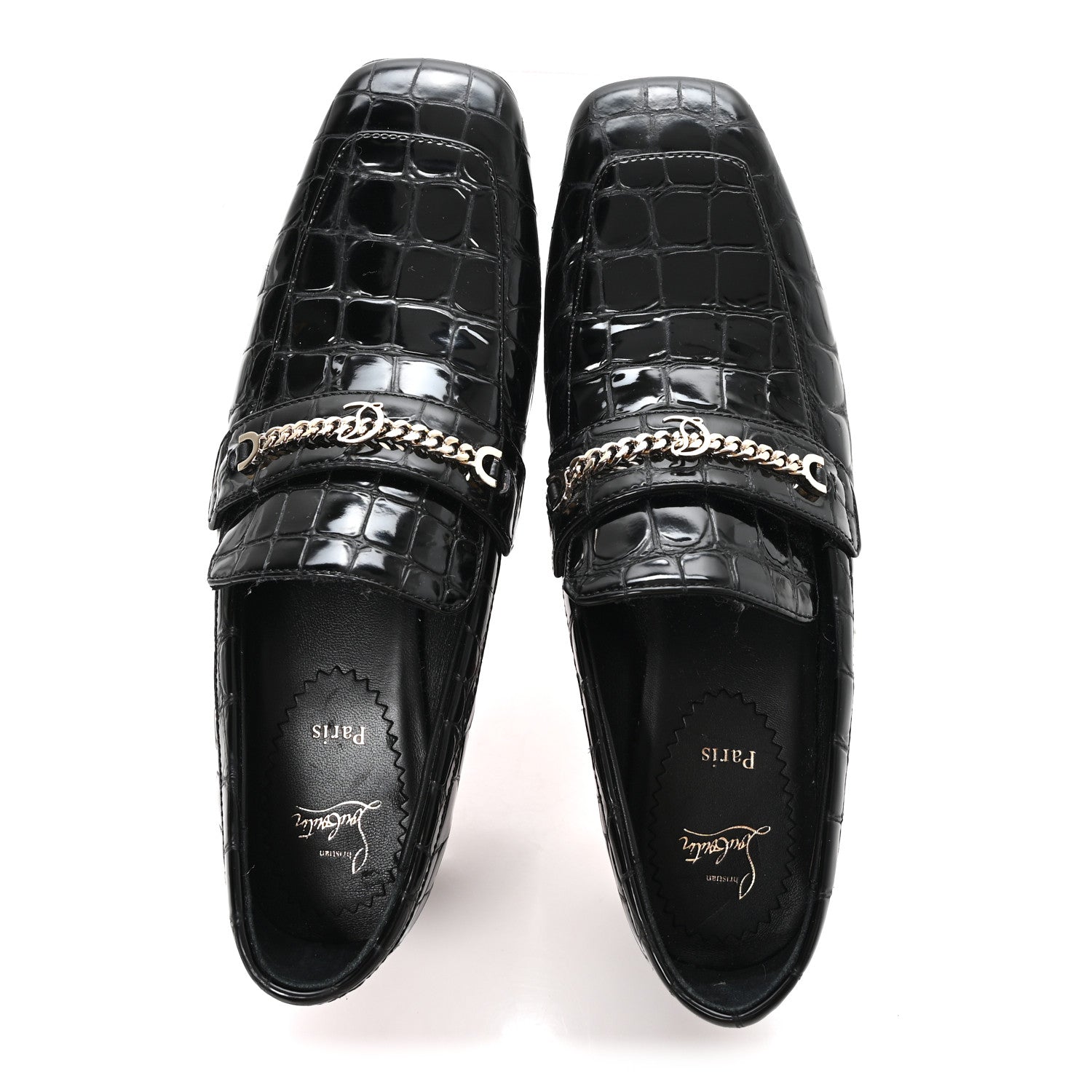 Christian Louboutin Soft Calfskin Alligator Embossed MJ Moc Heeled Loafers 37.5 Black 2 of 9