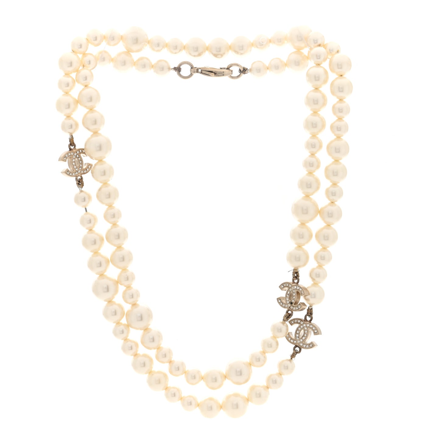 Graduated Pearl Crystal CC Long Necklace White