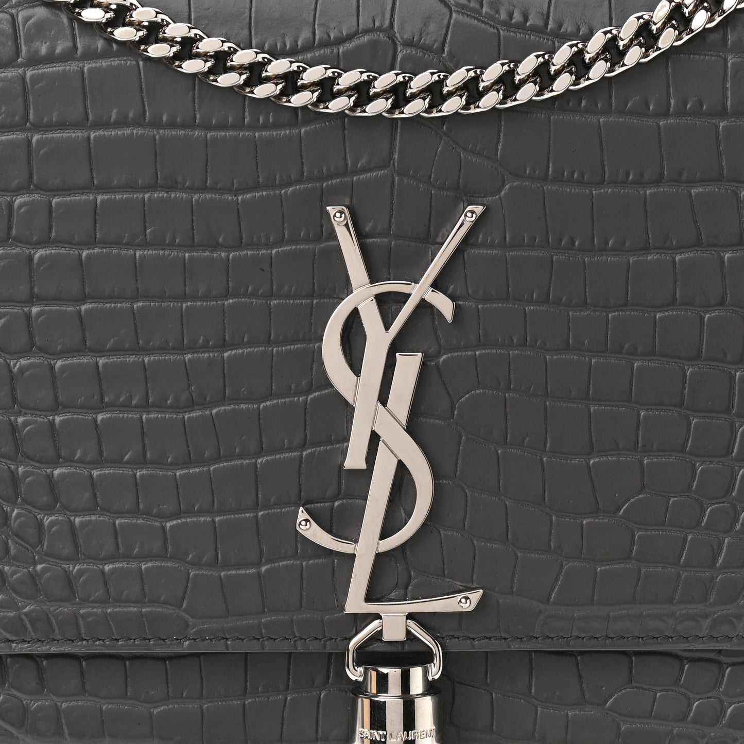 Calfskin Crocodile Embossed Medium Classic Monogram Kate Tassel Satchel Storm