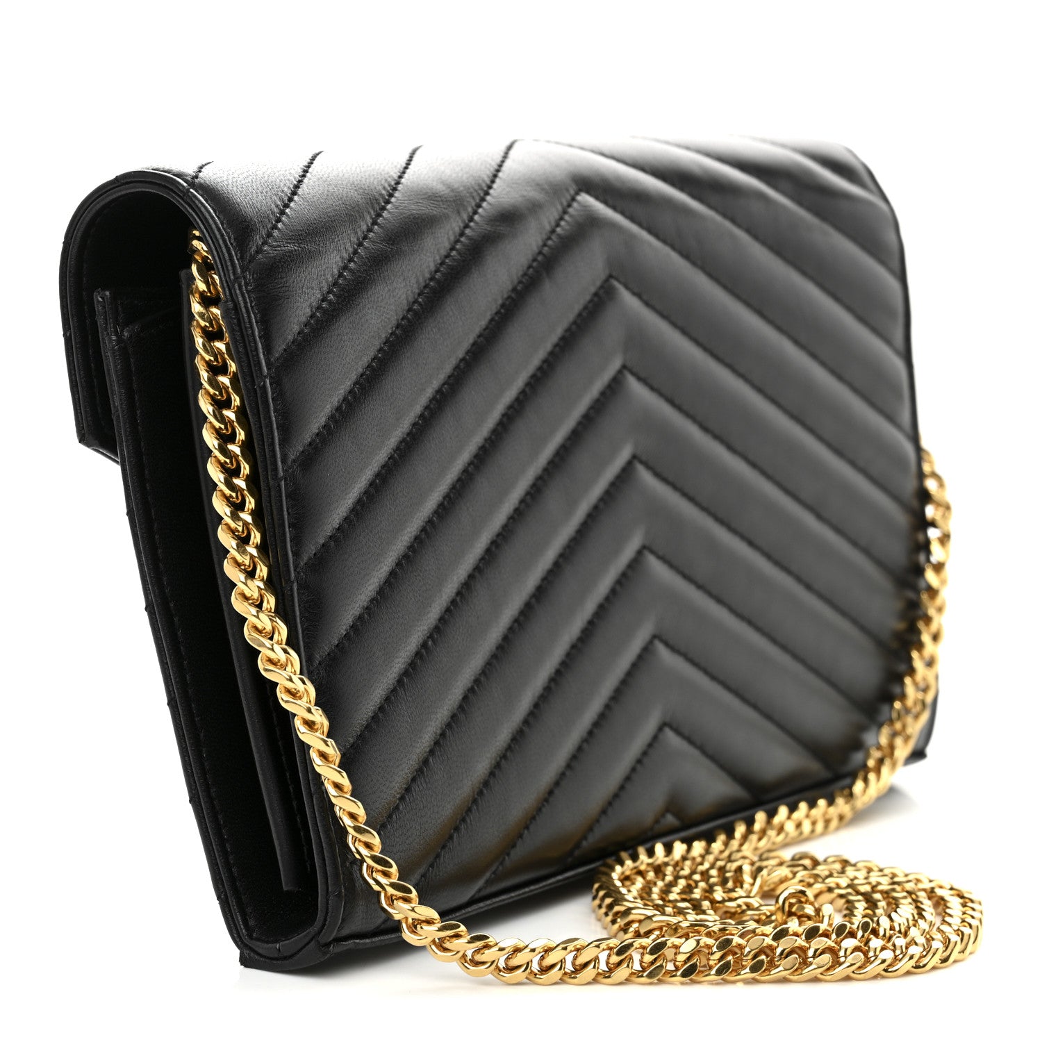 Saint Laurent Lambskin Matelasse Chevron Monogram Chain Wallet Black 3 of 11